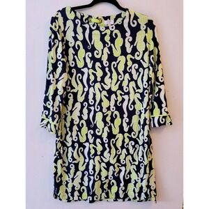 Crown & Ivy Seahorse Print Top Womens Medium Navy Blue Lime Green Tie Back LS